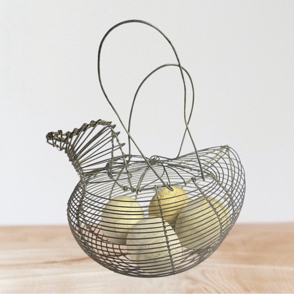 Vintage Wire Egg Basket with 4 Decorative Ceramic Eggs Chicken Shaped